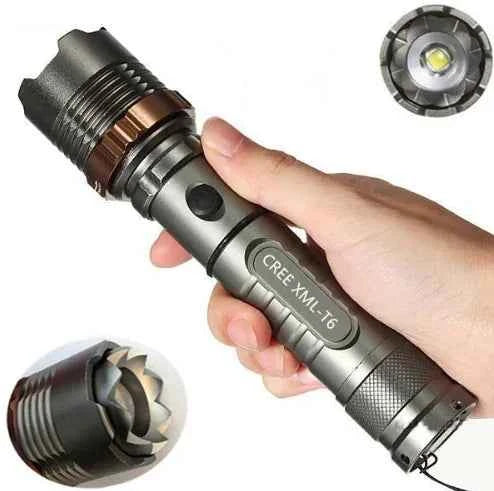 Mead's Supply & Equipment T6 LED Tactical Flashlight with adjustable focus, rechargeable design, and 5 lighting modes for outdoor use.