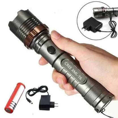Mead's Supply T6 LED tactical flashlight with adjustable focus, rechargeable battery, and five lighting modes for outdoor use.