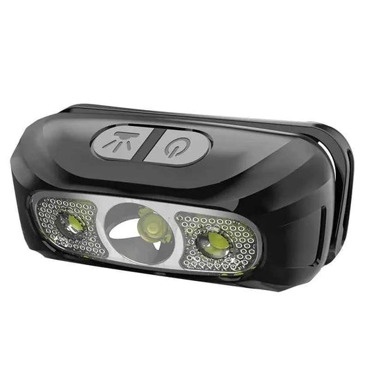 Rechargeable LED headlamp with motion sensor by Mead's Supply & Equipment Outfitters, black outdoor headlamp for hands-free lighting.