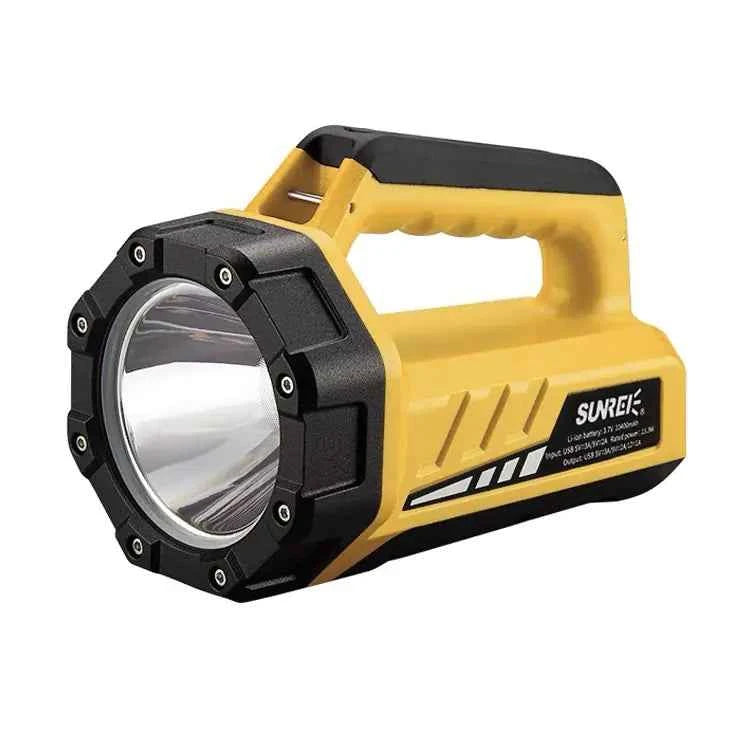 Yellow high-power rechargeable spotlight flashlight from Mead's Supply & Equipment Outfitters, 750m range for outdoor rescue and emergency use.