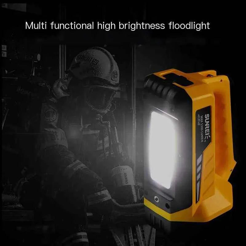 Yellow high-power rechargeable spotlight flashlight by Mead's Supply with 750m range, ideal for outdoor rescue and emergency lighting.