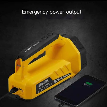 Mead's Supply & Equipment Outfitters high-power rechargeable outdoor spotlight flashlight with 750m range, yellow emergency rescue torch.