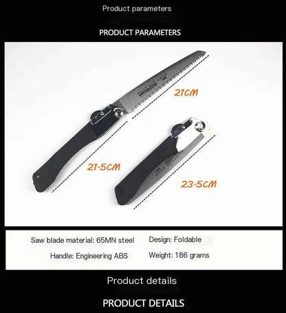 Mead's Supply & Equipment Outfitters folding hand saw for outdoor gardening and woodworking, with a 210mm blade for pruning and outdoor tasks.
