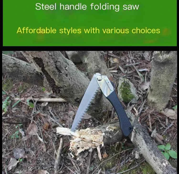 Portable Mead's Supply & Equipment folding hand saw for garden pruning and woodworking, featuring a compact and folding design.