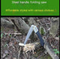 Portable Mead's Supply & Equipment folding hand saw for garden pruning and woodworking, featuring a compact and folding design.