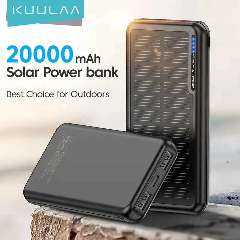 KUULAA 20000mAh solar power bank by Mead's Supply with PD18W fast charging and multiple ports, portable black power bank.