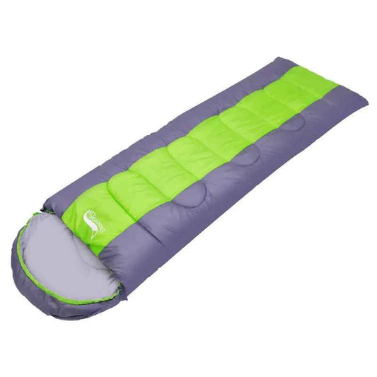 Green outdoor sleeping bag by Mead's Supply & Equipment Outfitters, suitable for camping, available in single and double sizes.