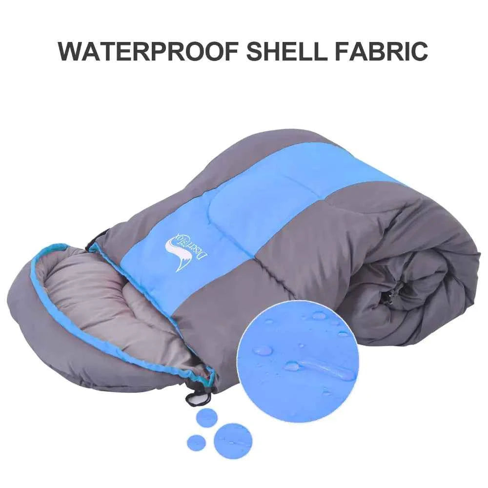 Green outdoor sleeping bag by Mead's Supply & Equipment Outfitters, suitable for camping, available in single and double sizes.