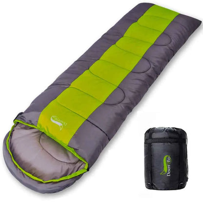 Green outdoor sleeping bag by Mead's Supply & Equipment Outfitters, suitable for camping, available in single and double sizes.