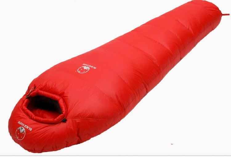 Yellow Mummy Goose Down Sleeping Bag by Mead's Supply & Equipment Outfitters, lightweight and insulated for camping.