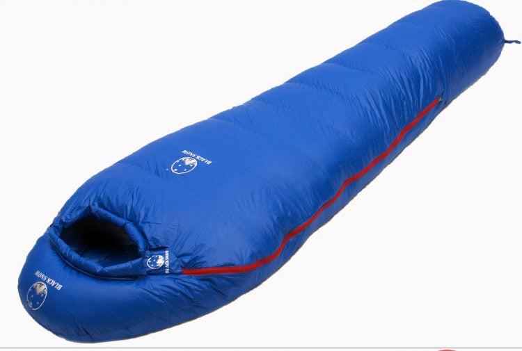 Yellow Mead's Supply & Equipment Outfitters mummy sleeping bag with 400g goose down insulation, designed for outdoor camping.