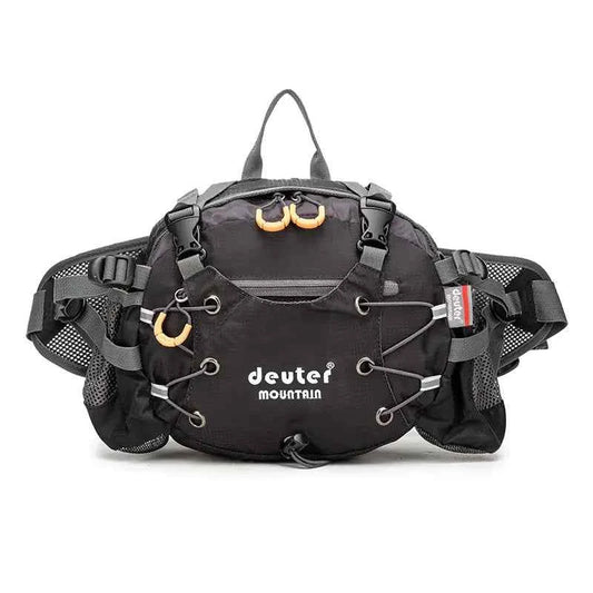 Black Deuter cycling sports waist bag with 10-inch multi-pocket design for running and outdoor activities, unisex sports accessory.