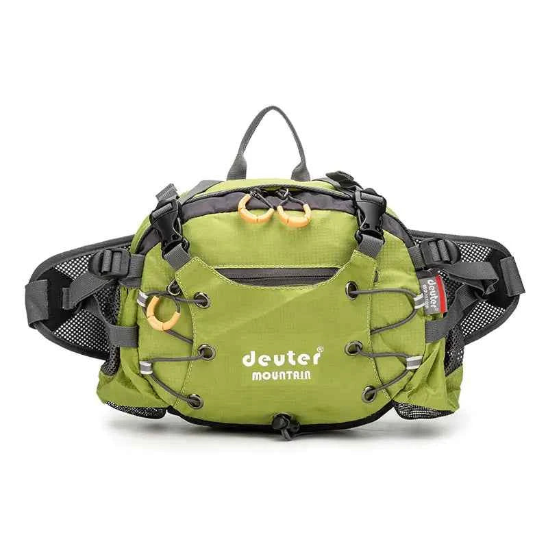 Black Deuter cycling sports waist bag with 10-inch multi-pocket design, ideal for running and outdoor activities. Unisex style.