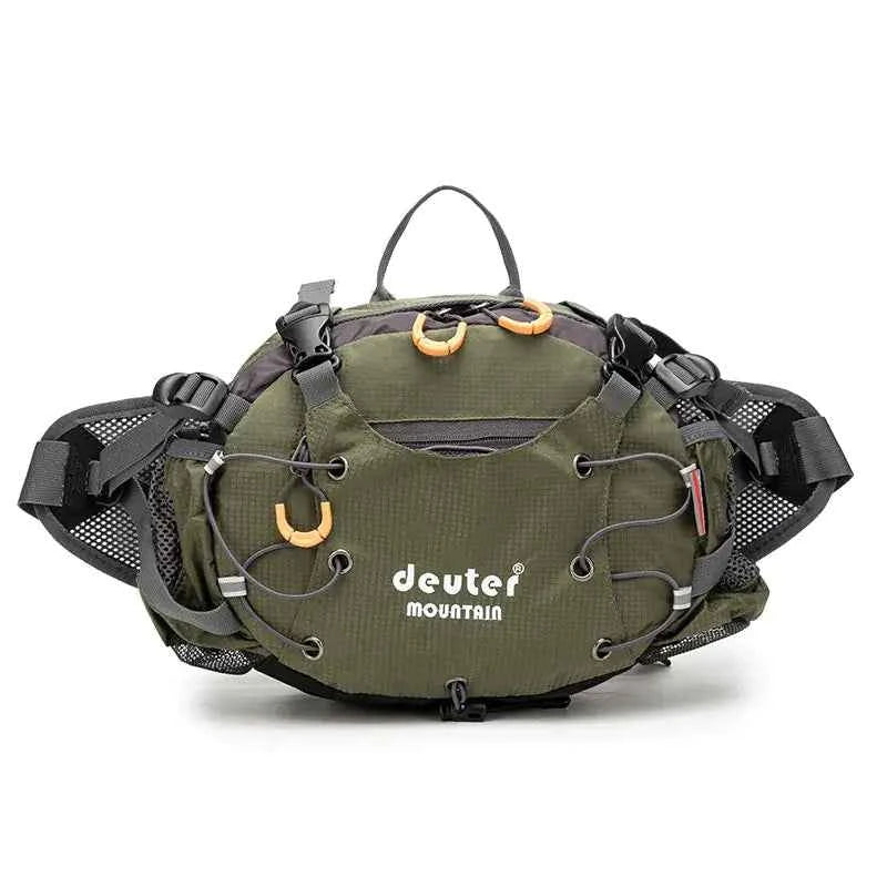 Deuter cycling sports waist bag by Mead's Supply, 10-inch black multi-pocket design for running and outdoor activities, unisex.