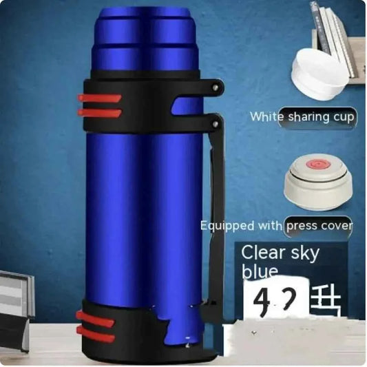 Large blue 1L stainless steel insulated thermos by Mead's Supply & Equipment Outfitters, showcasing its durable, double-wall design.