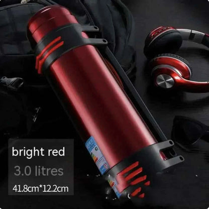 Large blue 1L stainless steel insulated thermos by Mead's Supply & Equipment Outfitters, showcasing a sleek, durable design.