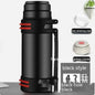 Large 1L blue stainless steel insulated thermos by Mead's Supply & Equipment Outfitters, featuring a durable design and secure lid.