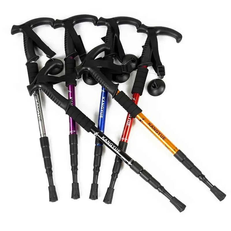 Dark purple Mead's Supply outdoor folding trekking poles with 4-section aluminum alloy design, lightweight and portable for hiking.