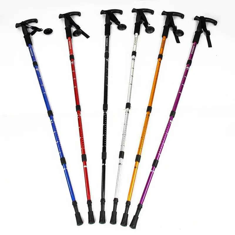 Dark purple Mead's Supply & Equipment outdoor folding trekking poles, 4-section aluminum alloy hiking poles, lightweight and portable.