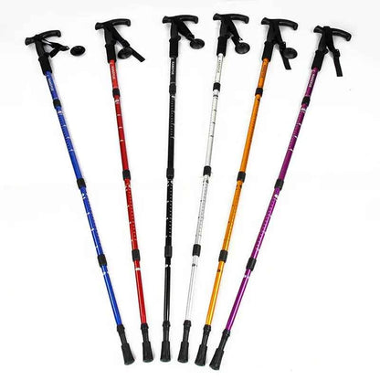 Dark purple Mead's Supply & Equipment outdoor folding trekking poles, 4-section aluminum alloy hiking poles, lightweight and portable.
