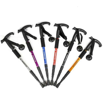 Dark purple outdoor folding trekking poles by Mead's Supply & Equipment, lightweight 4-section aluminum alloy hiking poles, 500g.
