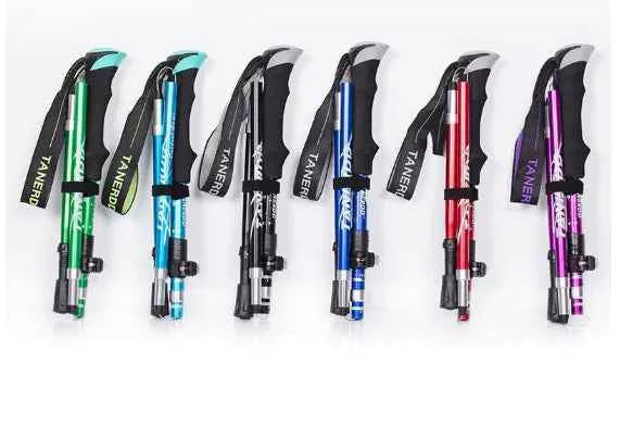 Blue ultra-light 5-section aluminum alloy trekking pole by Mead's Supply & Equipment Outfitters, with adjustable folding design for hiking.