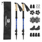 Blue lightweight aluminum trekking pole with shock absorption and accessory bag, designed for hiking and climbing by Mead's Supply.
