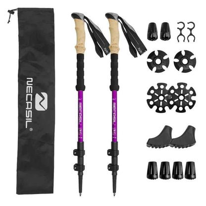 Blue lightweight aluminum trekking pole with shock absorption from Mead's Supply for hiking and climbing, with an accessory bag attached.