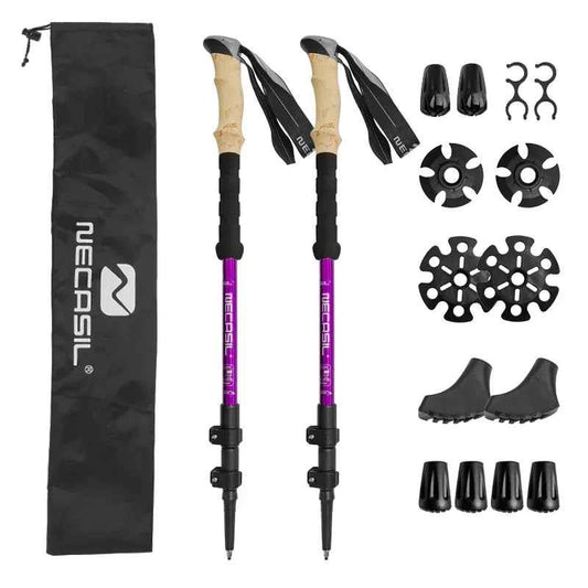 Blue lightweight aluminum trekking pole with shock absorption from Mead's Supply for hiking and climbing, with an accessory bag attached.
