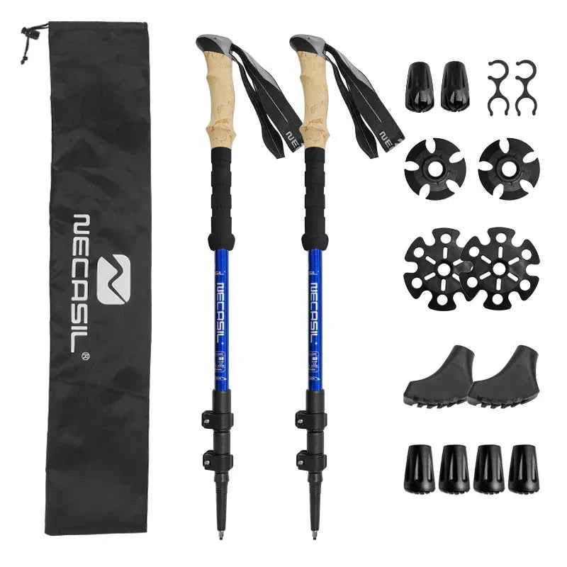 Blue lightweight aluminum trekking pole with shock absorption, featuring an accessory bag for hiking and climbing activities.
