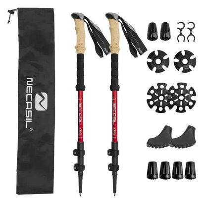Blue lightweight aluminum trekking pole with shock absorption, from Mead's Supply & Equipment Outfitters, with accessory bag for hiking and climbing.