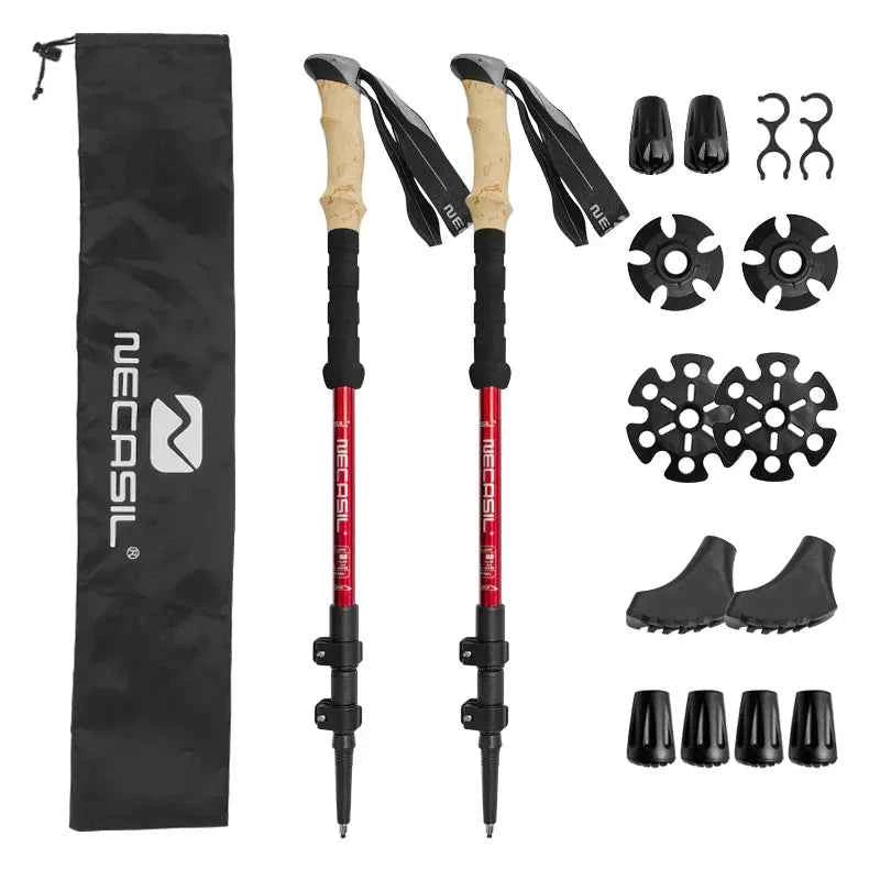 Blue lightweight aluminum trekking pole with shock absorption for hiking and climbing, with accessory bag from Mead's Supply & Equipment.