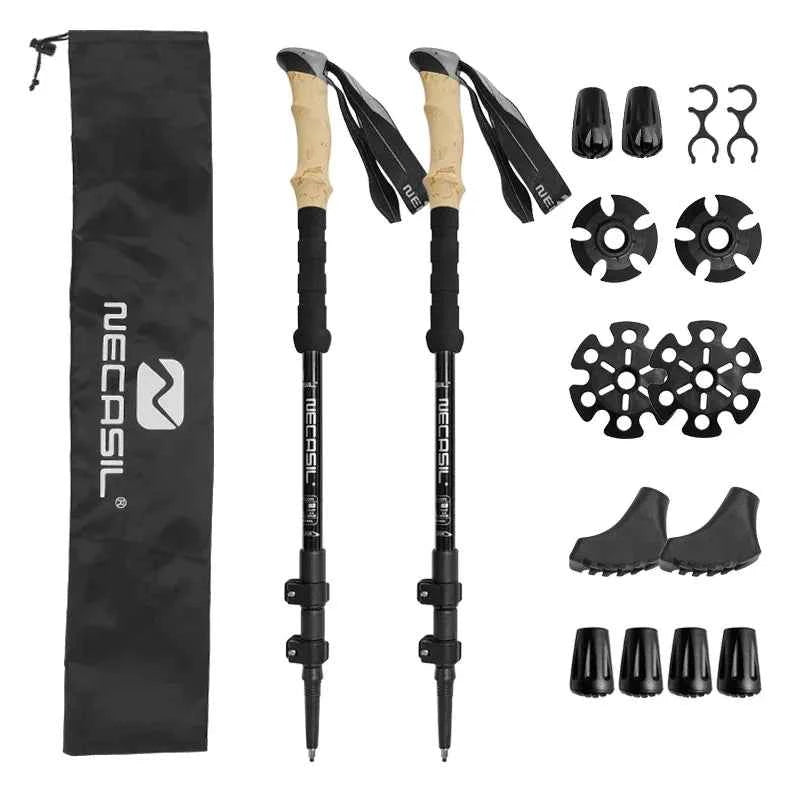 Blue lightweight aluminum trekking pole with shock absorption and accessory bag, designed for hiking and climbing by Mead's Supply.