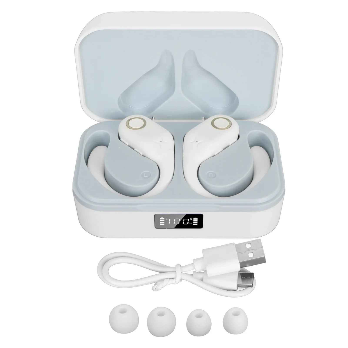 White Bluetooth translator earbuds by Mead's Supply & Equipment Outfitters, capable of translating 144 languages.