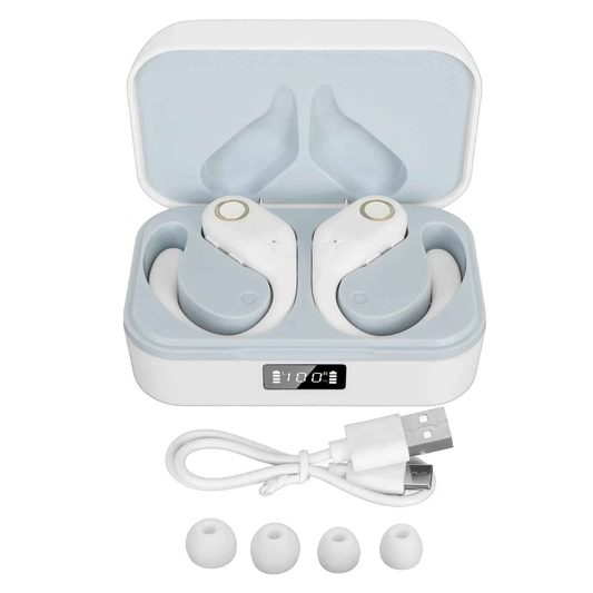 White Bluetooth translator earbuds by Mead's Supply & Equipment Outfitters, capable of translating 144 languages.