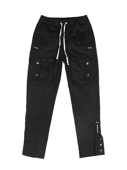 Black women's breasted slit cargo pants with drawstring detail, featuring a relaxed fit and functional pockets by Mead's Supply & Equipment Outfitters