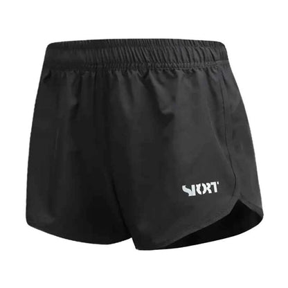 Black women's high-waist quick-dry running shorts by Mead's Supply & Equipment Outfitters, loose fit athletic shorts for fitness and yoga.