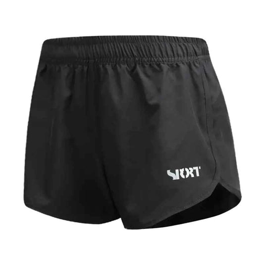 Black women's high-waist quick-dry athletic shorts by Mead's Supply & Equipment Outfitters, loose fit for running, fitness, and yoga.