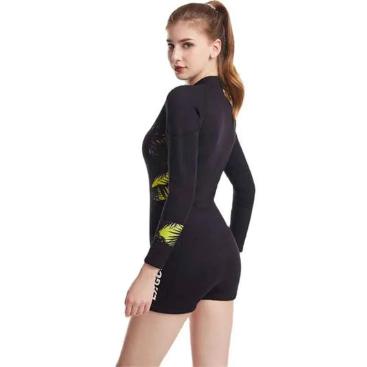 Black women's 2.5mm neoprene wetsuit by Mead's Supply & Equipment for thermal protection in cold water surfing and water sports.