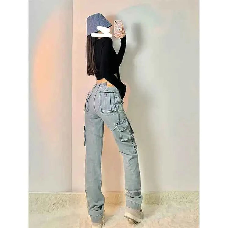 Women's blue High Street Multi-Pocket Cargo Jeans by Mead's Supply & Equipment Outfitters, showing multiple functional pockets and relaxed fit.