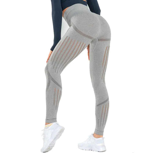 Blue high-waist knitted yoga pants for women by Mead's Supply & Equipment Outfitters, seamless stretch activewear, athletic leggings.