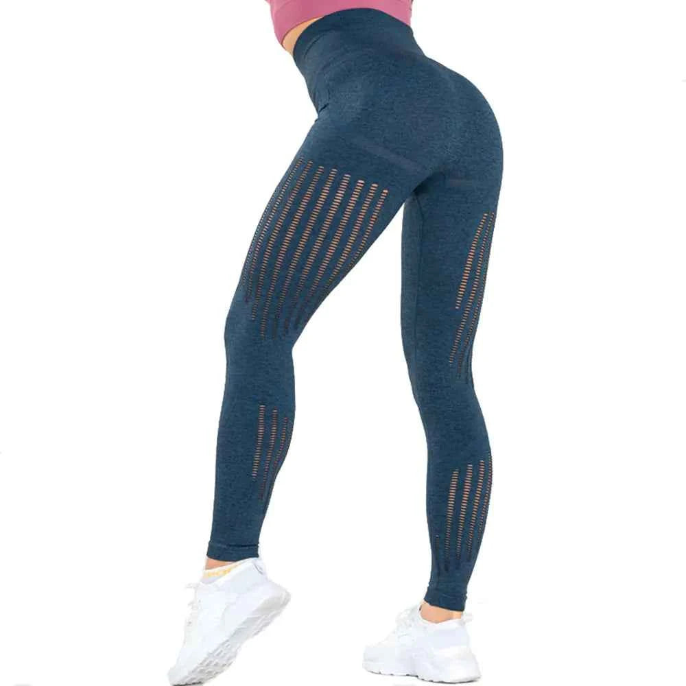 Blue high waist knitted yoga pants for women, seamless stretch activewear, athletic leggings by Mead's Supply & Equipment Outfitters.