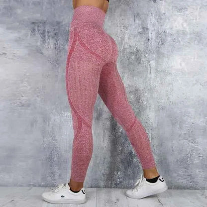 Blue high waist knitted yoga pants for women by Mead's Supply & Equipment Outfitters, seamless stretch activewear athletic leggings.