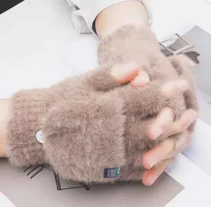 Brown and gray women's convertible fleece fingerless gloves, warm winter mittens, designed for versatile winter accessories.