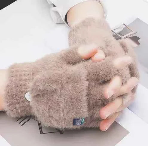 Brown and gray women's convertible fleece fingerless gloves, warm winter mittens, designed for versatile winter accessories.