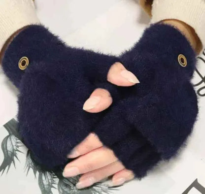 Women’s convertible fingerless gloves by Mead's Supply & Equipment Outfitters, warm fleece flip mittens in brown and gray, winter accessories.