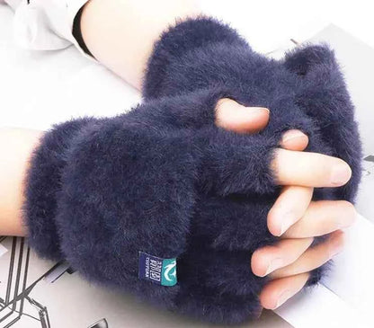Women's convertible fingerless gloves by Mead's Supply & Equipment Outfitters in brown and gray fleece, with flip mitten design for winter warmth.