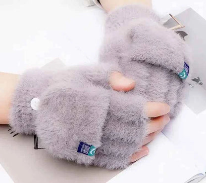 Brown and gray women's convertible fingerless fleece gloves by Mead's Supply & Equipment Outfitters, designed for winter warmth and versatility.