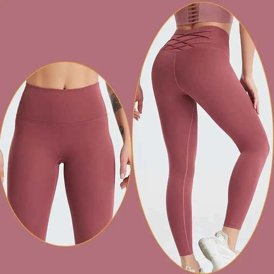 Women's quick-dry high-waisted yoga pants by Mead's Supply & Equipment Outfitters, in brown and red, designed for gym and fitness activities.