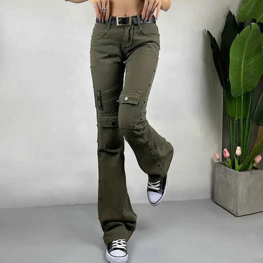 Dark green women's High Street Cargo Straight Pants and Jeans by Mead's Supply & Equipment Outfitters, showing front view and pocket details.
